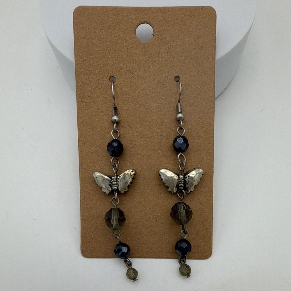 Silver Tone Butterfly Charm Blue Round Glass Bead Dangle Drop Earrings Hook 3”